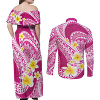 Plumeria Polynesian Pink Glitter Pattern Couples Matching Off Shoulder Maxi Dress and Long Sleeve Button Shirt