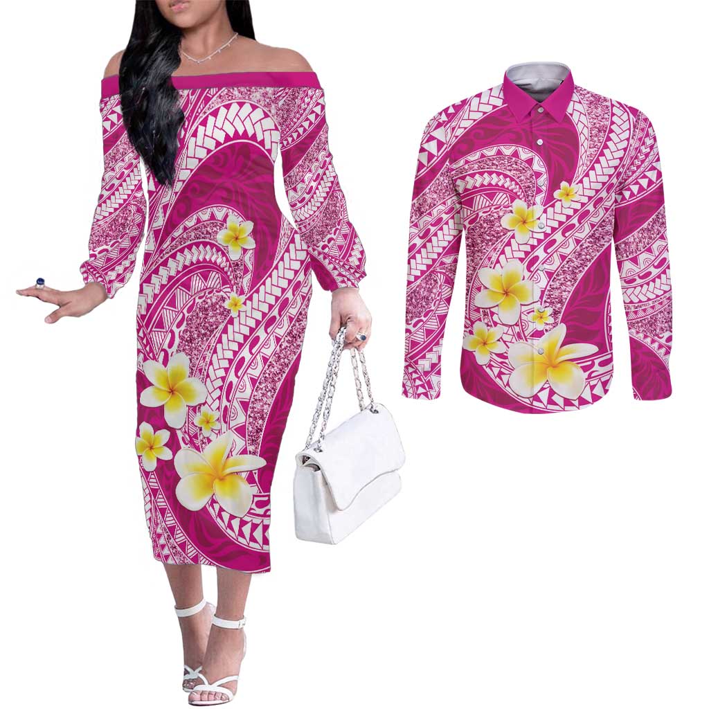 Plumeria Polynesian Pink Glitter Pattern Couples Matching Off The Shoulder Long Sleeve Dress and Long Sleeve Button Shirt