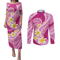 Plumeria Polynesian Pink Glitter Pattern Couples Matching Puletasi and Long Sleeve Button Shirt