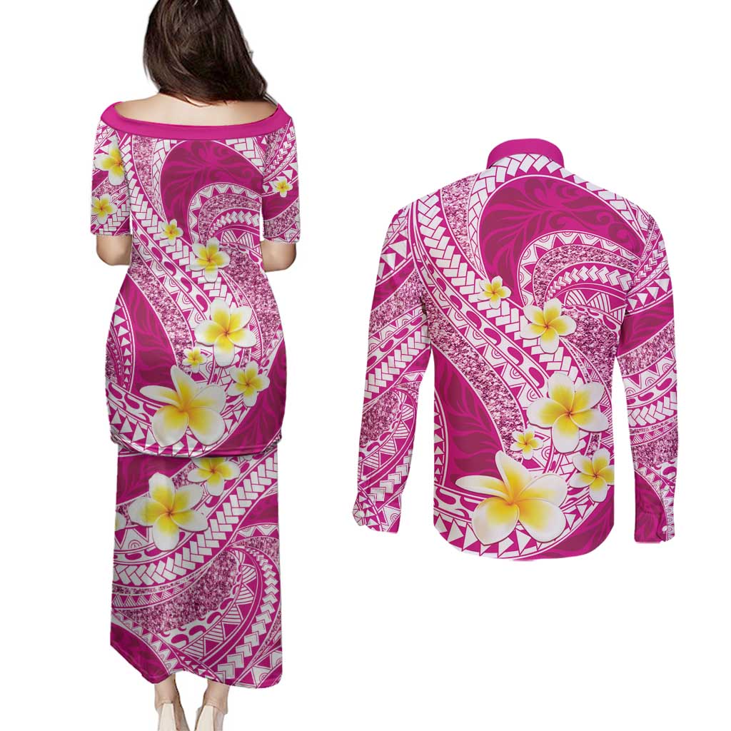 Plumeria Polynesian Pink Glitter Pattern Couples Matching Puletasi and Long Sleeve Button Shirt