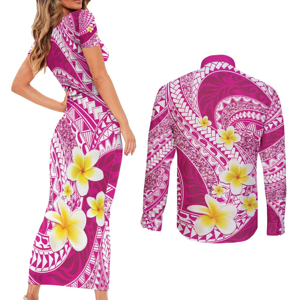 Plumeria Polynesian Pink Glitter Pattern Couples Matching Short Sleeve Bodycon Dress and Long Sleeve Button Shirt