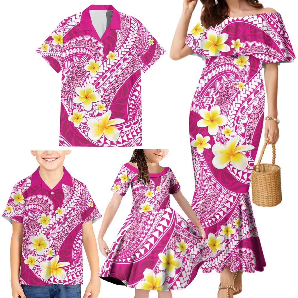 Plumeria Polynesian Pink Glitter Pattern Family Matching Mermaid Dress and Hawaiian Shirt