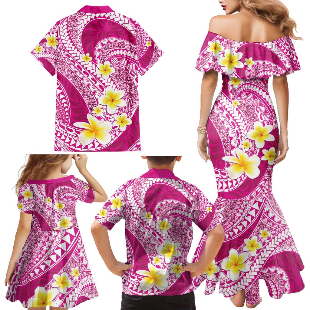 Plumeria Polynesian Pink Glitter Pattern Family Matching Mermaid Dress and Hawaiian Shirt