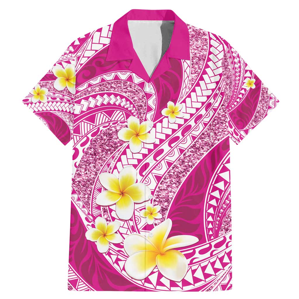 Plumeria Polynesian Pink Glitter Pattern Family Matching Mermaid Dress and Hawaiian Shirt