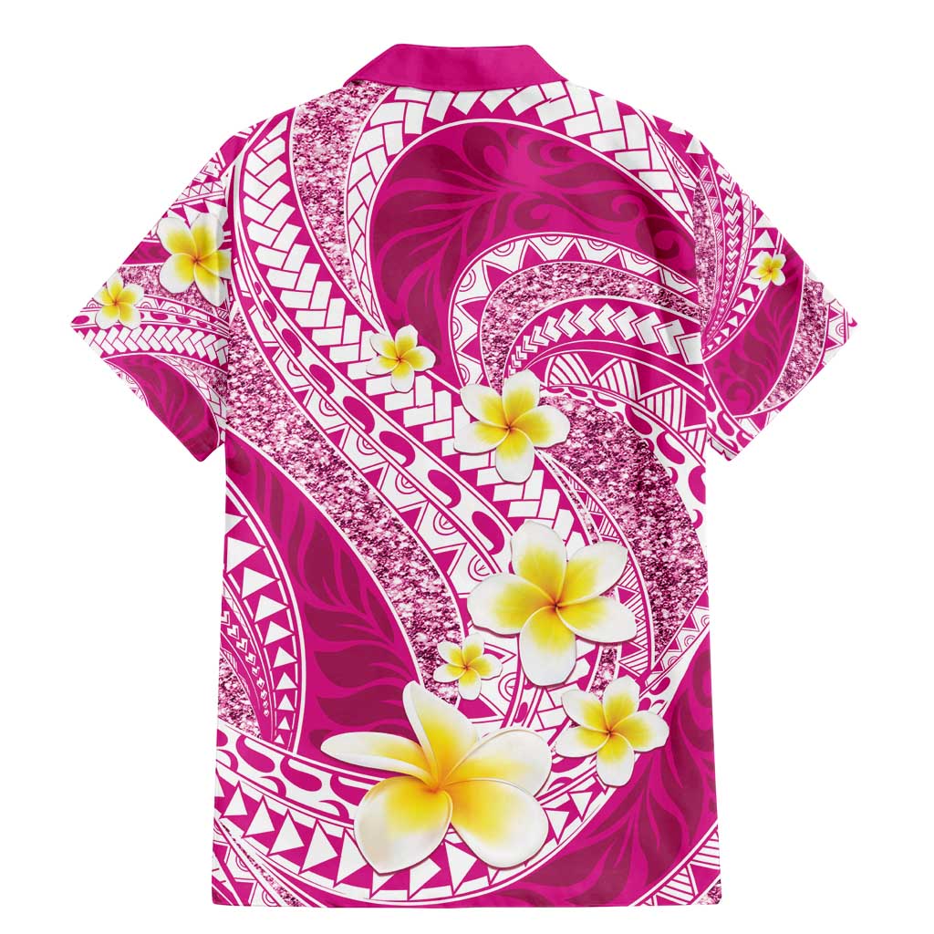 Plumeria Polynesian Pink Glitter Pattern Family Matching Mermaid Dress and Hawaiian Shirt