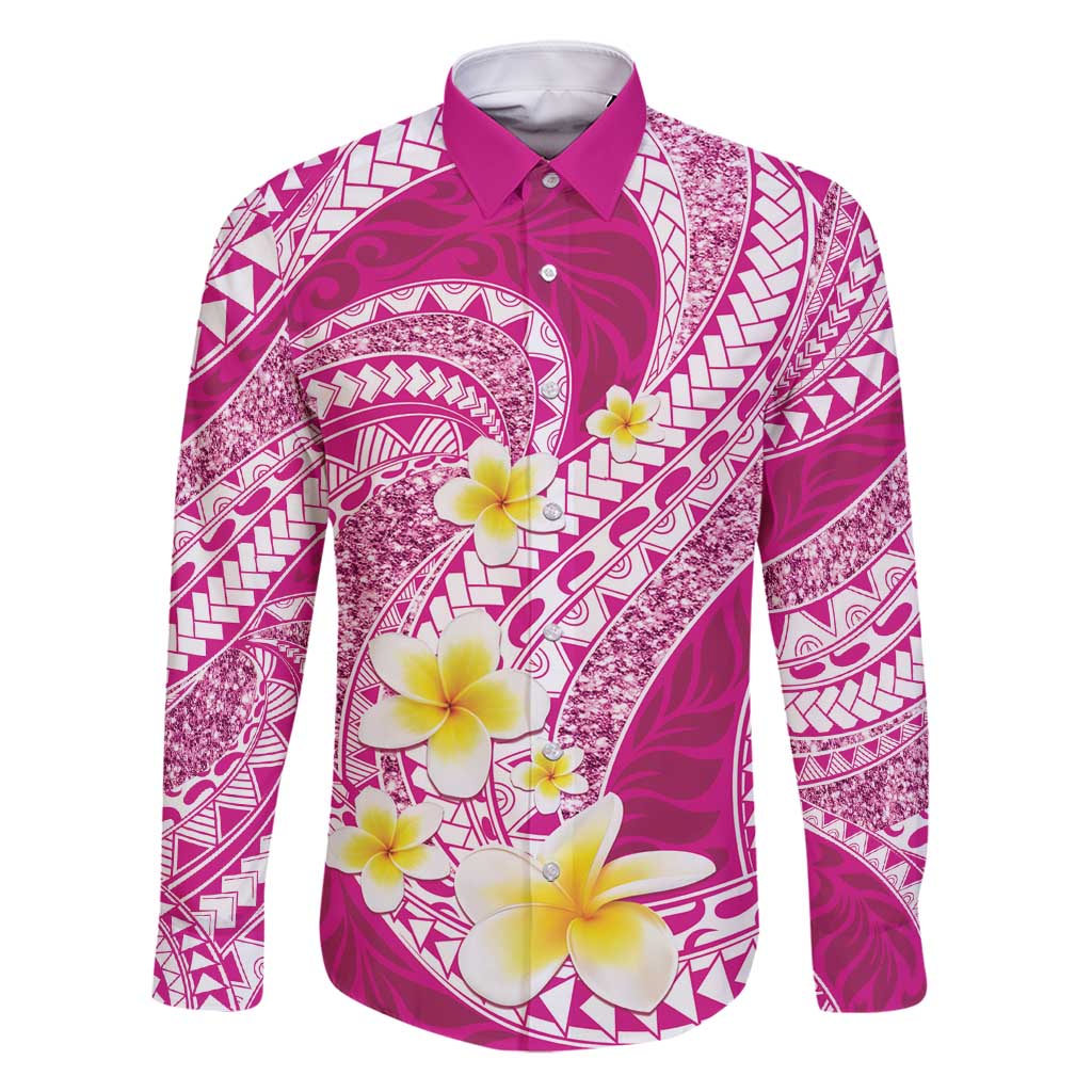 Plumeria Polynesian Pink Glitter Pattern Family Matching Mermaid Dress and Hawaiian Shirt