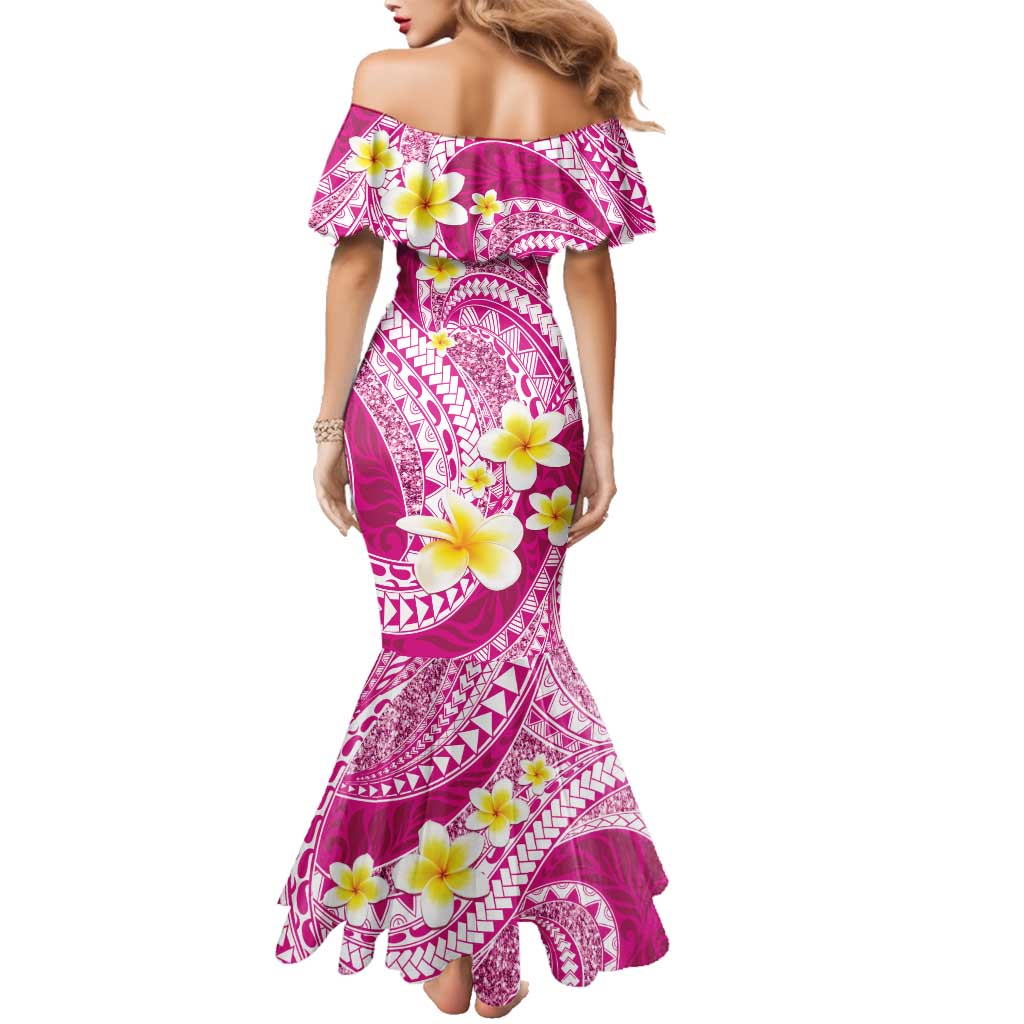 Plumeria Polynesian Pink Glitter Pattern Family Matching Mermaid Dress and Hawaiian Shirt