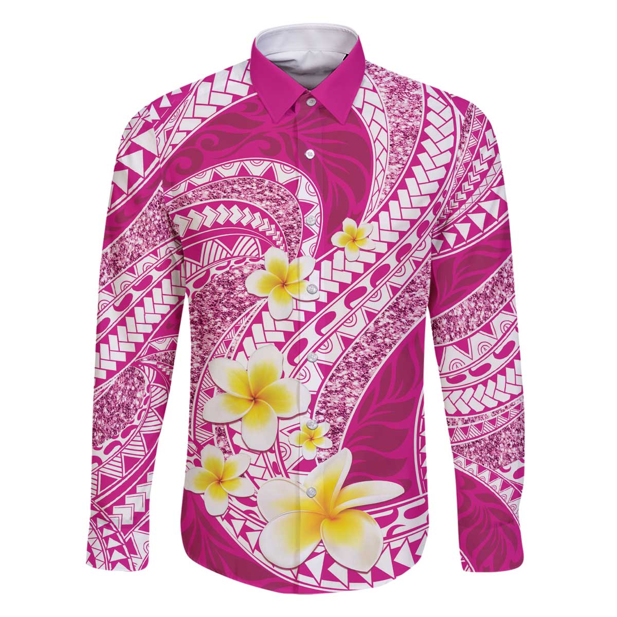 Plumeria Polynesian Pink Glitter Pattern Family Matching Off The Shoulder Long Sleeve Dress and Hawaiian Shirt