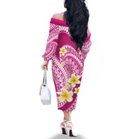 Plumeria Polynesian Pink Glitter Pattern Family Matching Off The Shoulder Long Sleeve Dress and Hawaiian Shirt