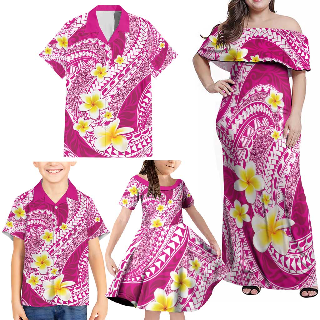 Plumeria Polynesian Pink Glitter Pattern Family Matching Off Shoulder Maxi Dress and Hawaiian Shirt