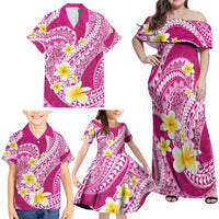 Plumeria Polynesian Pink Glitter Pattern Family Matching Off Shoulder Maxi Dress and Hawaiian Shirt