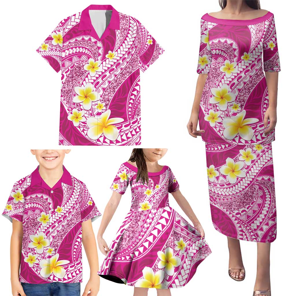 Plumeria Polynesian Pink Glitter Pattern Family Matching Puletasi and Hawaiian Shirt