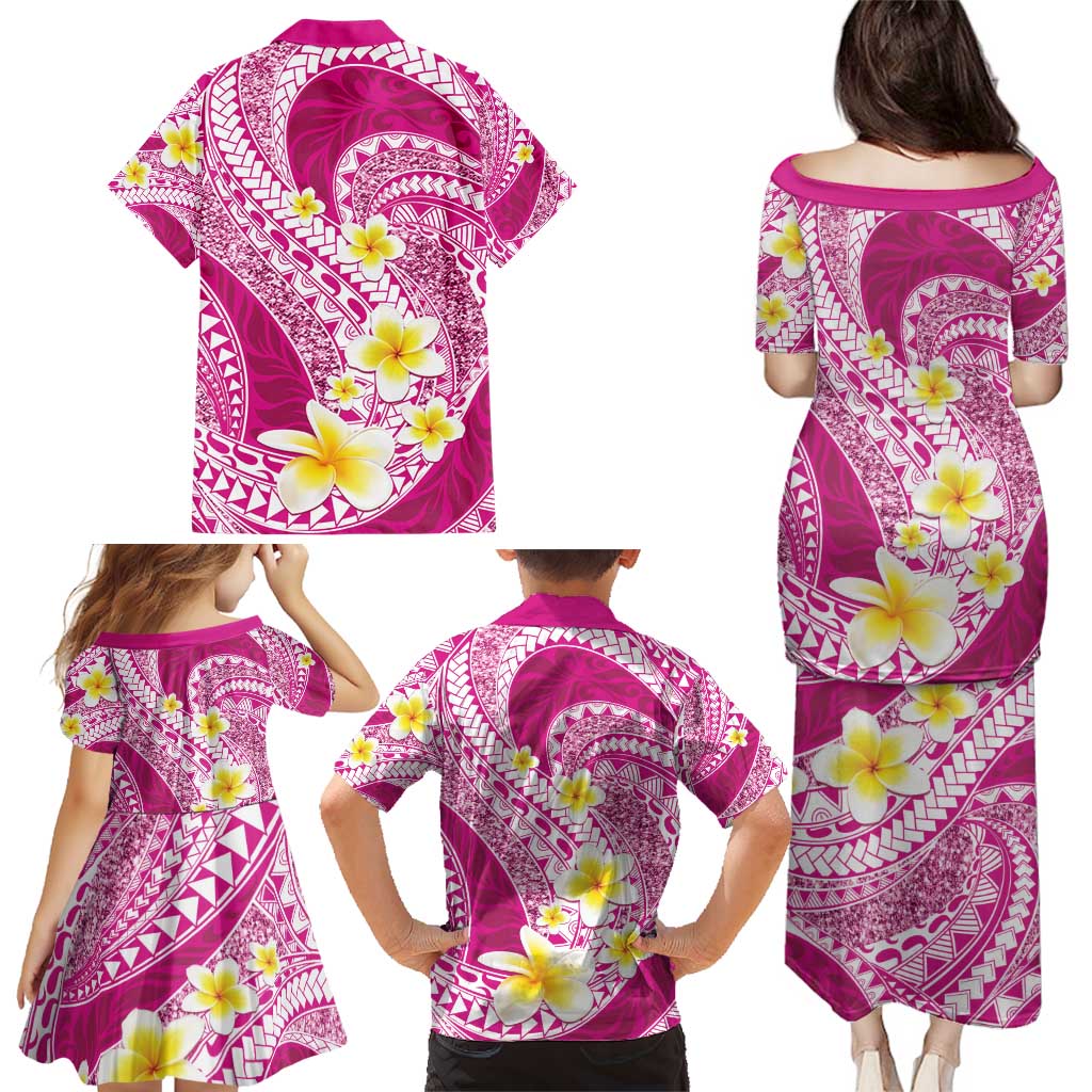 Plumeria Polynesian Pink Glitter Pattern Family Matching Puletasi and Hawaiian Shirt