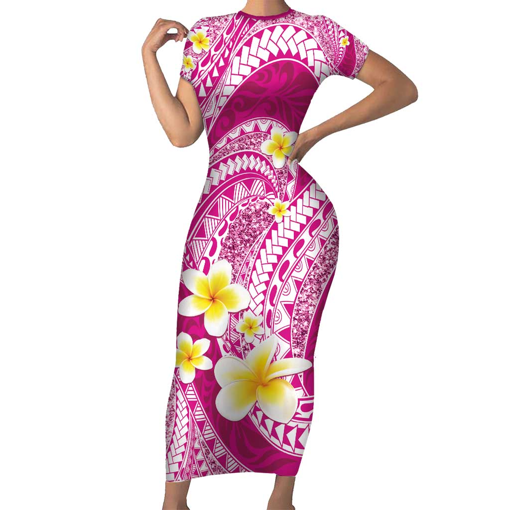 Plumeria Polynesian Pink Glitter Pattern Family Matching Short Sleeve Bodycon Dress and Hawaiian Shirt