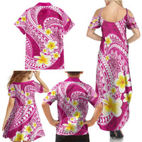 Plumeria Polynesian Pink Glitter Pattern Family Matching Summer Maxi Dress and Hawaiian Shirt