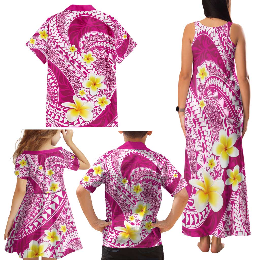 Plumeria Polynesian Pink Glitter Pattern Family Matching Tank Maxi Dress and Hawaiian Shirt