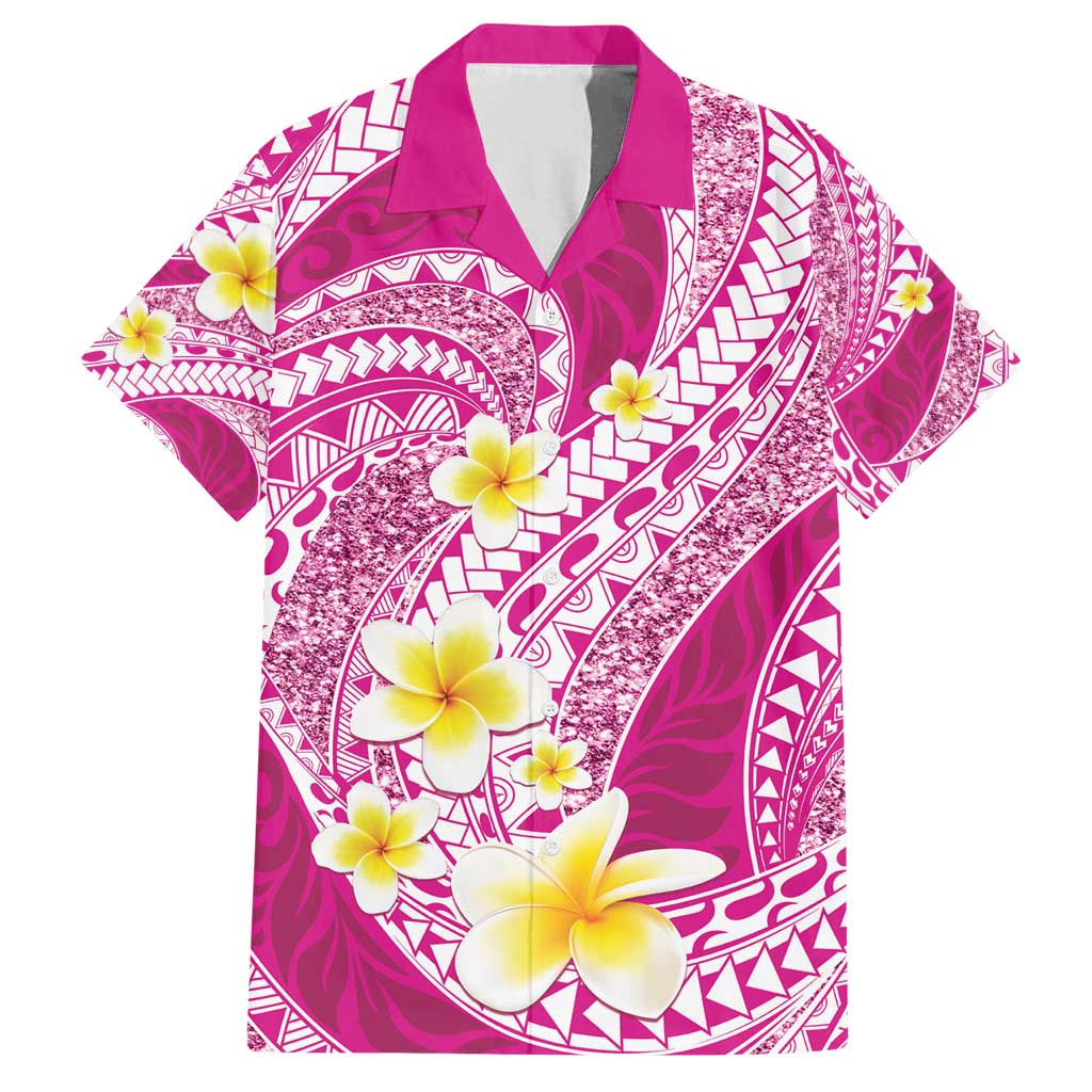 Plumeria Polynesian Pink Glitter Pattern Family Matching Tank Maxi Dress and Hawaiian Shirt