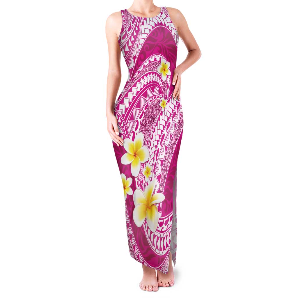 Plumeria Polynesian Pink Glitter Pattern Family Matching Tank Maxi Dress and Hawaiian Shirt