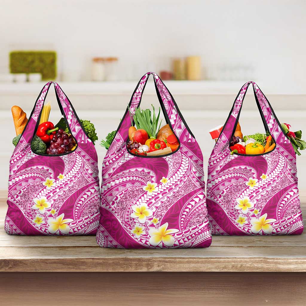 Plumeria Polynesian Pink Glitter Pattern Grocery Bag