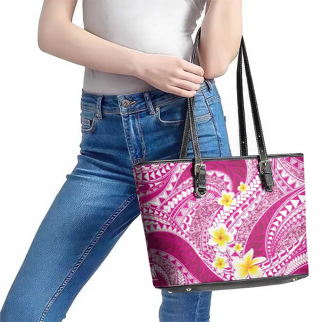 Plumeria Polynesian Pink Glitter Pattern Leather Tote Bag