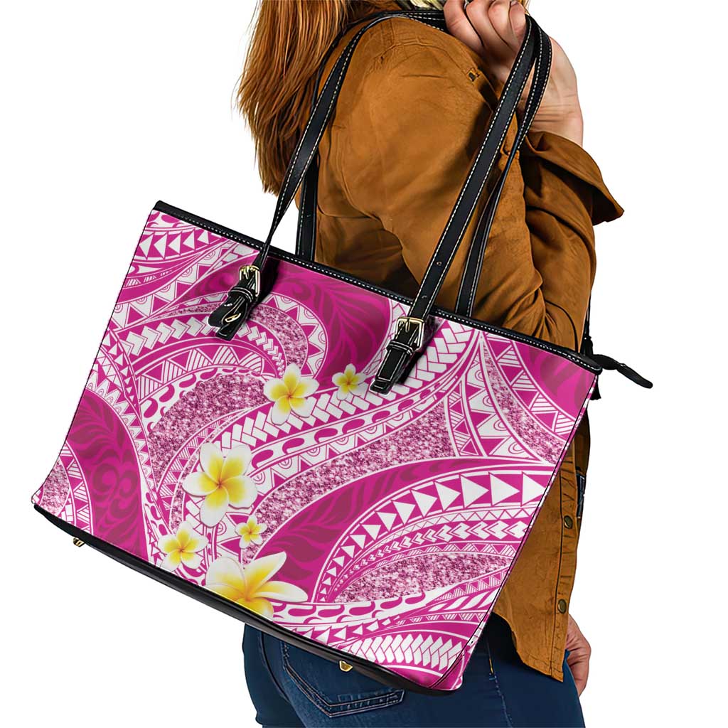 Plumeria Polynesian Pink Glitter Pattern Leather Tote Bag