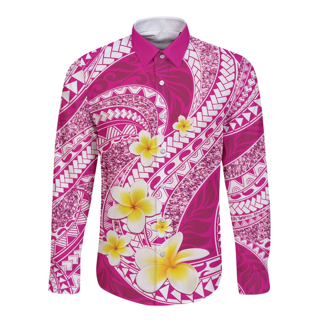 Plumeria Polynesian Pink Glitter Pattern Long Sleeve Button Shirt LT01 Unisex Pink - Polynesian Pride