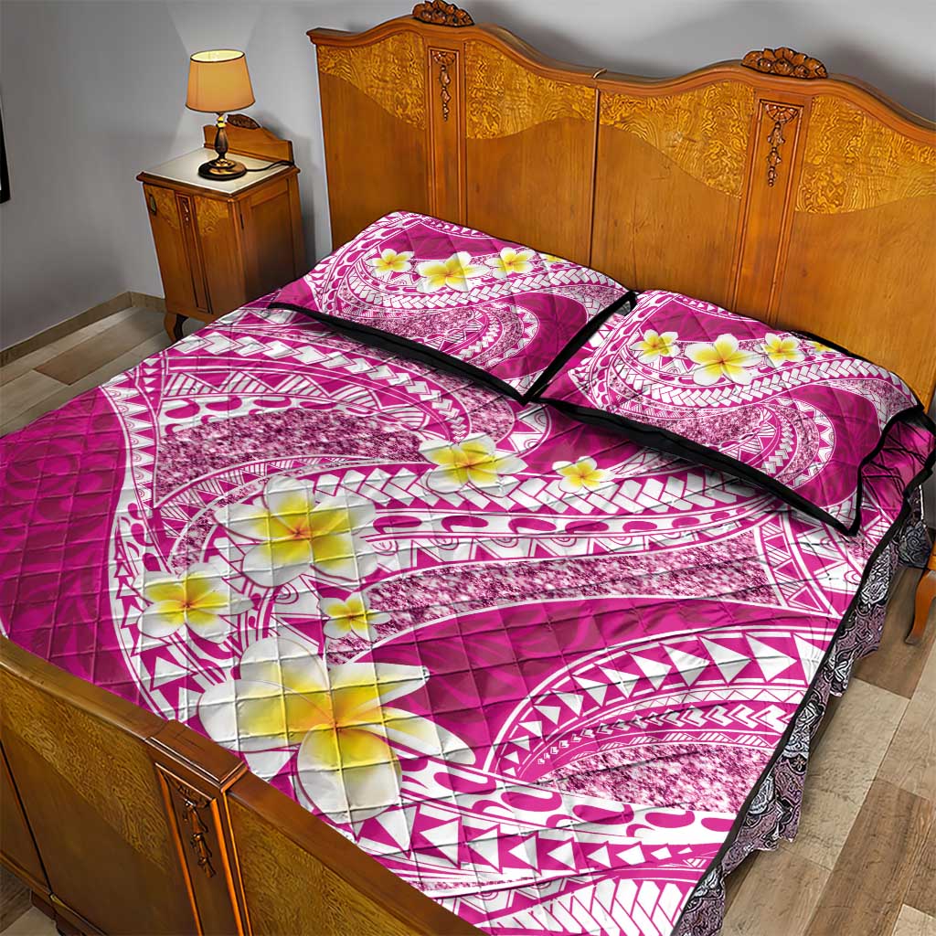 Plumeria Polynesian Pink Glitter Pattern Quilt Bed Set