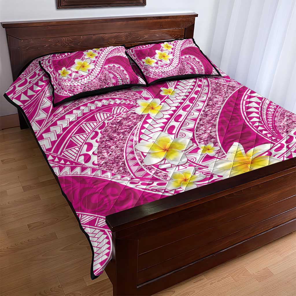 Plumeria Polynesian Pink Glitter Pattern Quilt Bed Set