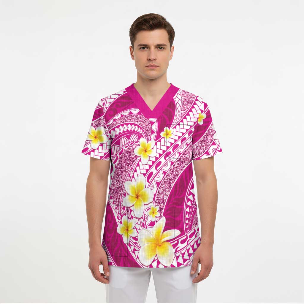 Plumeria Polynesian Pink Glitter Pattern Scrub Top - Polynesian Pride