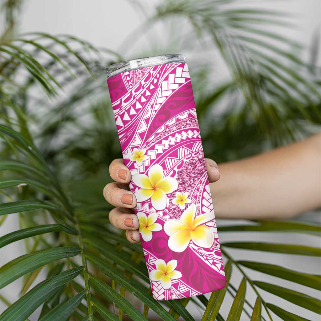 Plumeria Polynesian Pink Glitter Pattern Skinny Tumbler