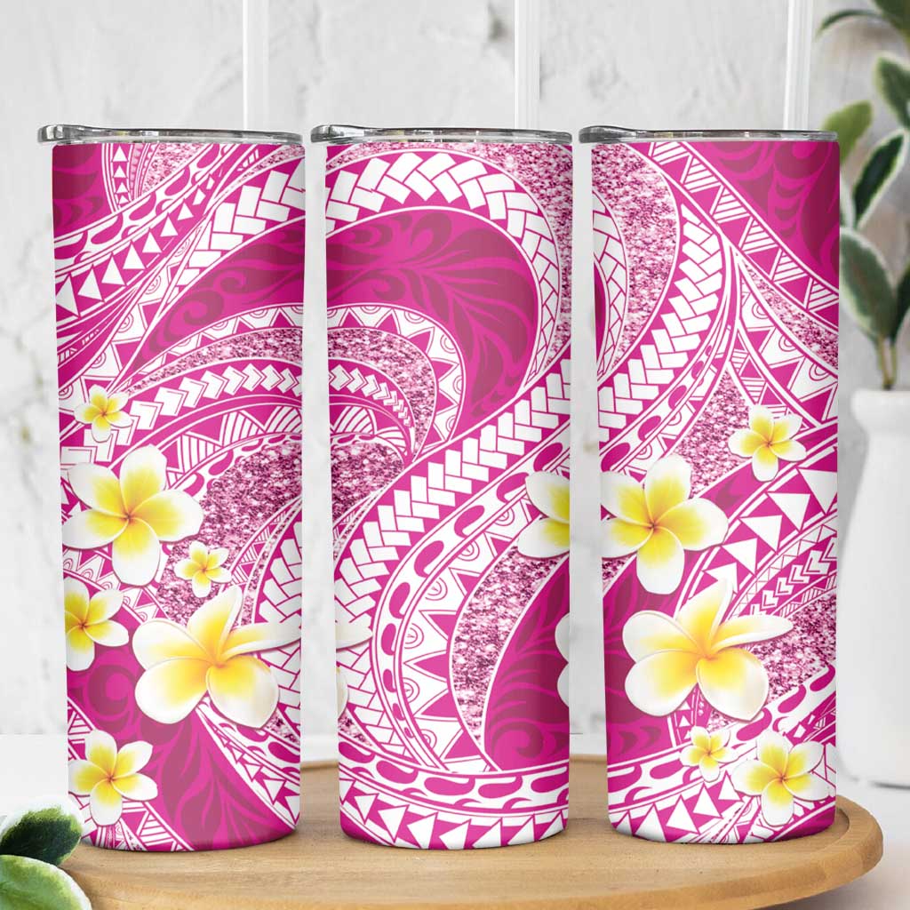 Plumeria Polynesian Pink Glitter Pattern Skinny Tumbler