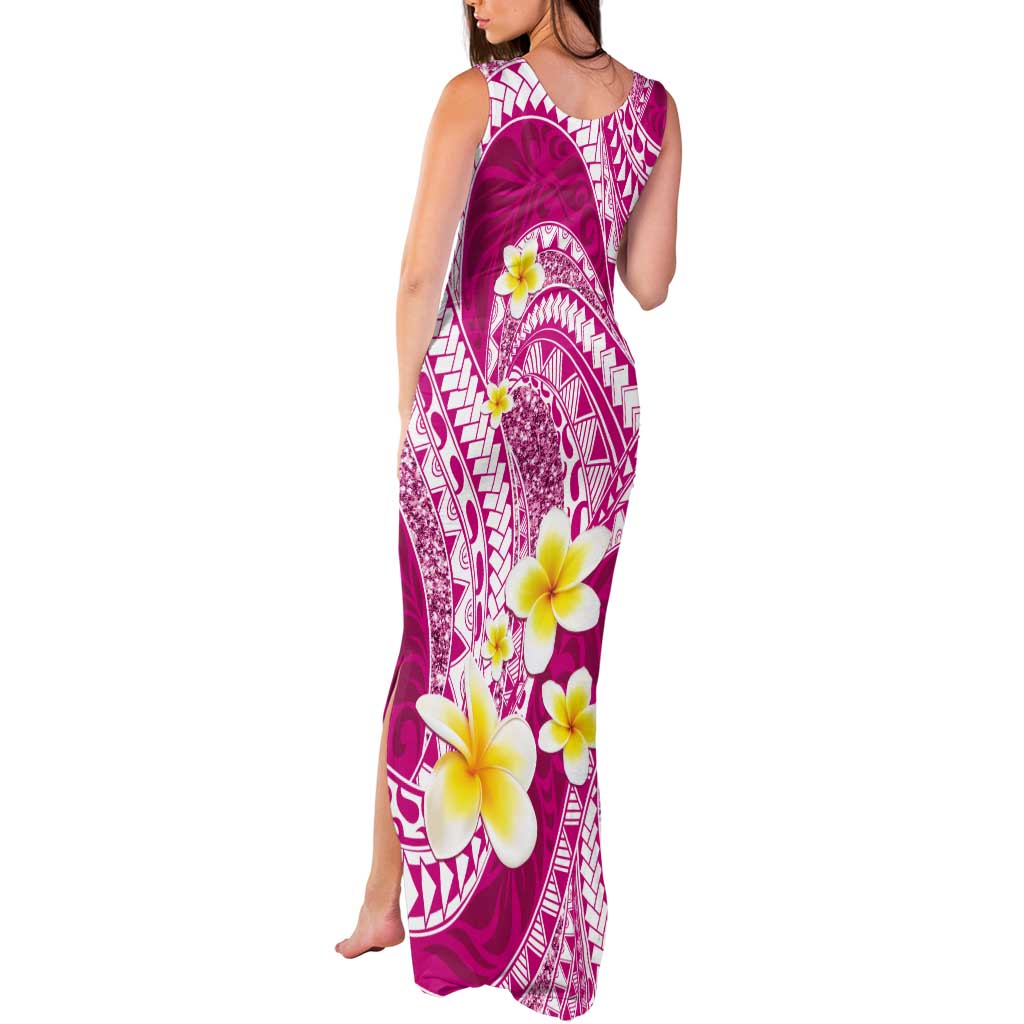 Plumeria Polynesian Pink Glitter Pattern Tank Maxi Dress