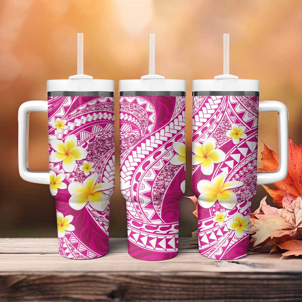 Plumeria Polynesian Pink Glitter Pattern Tumbler With Handle