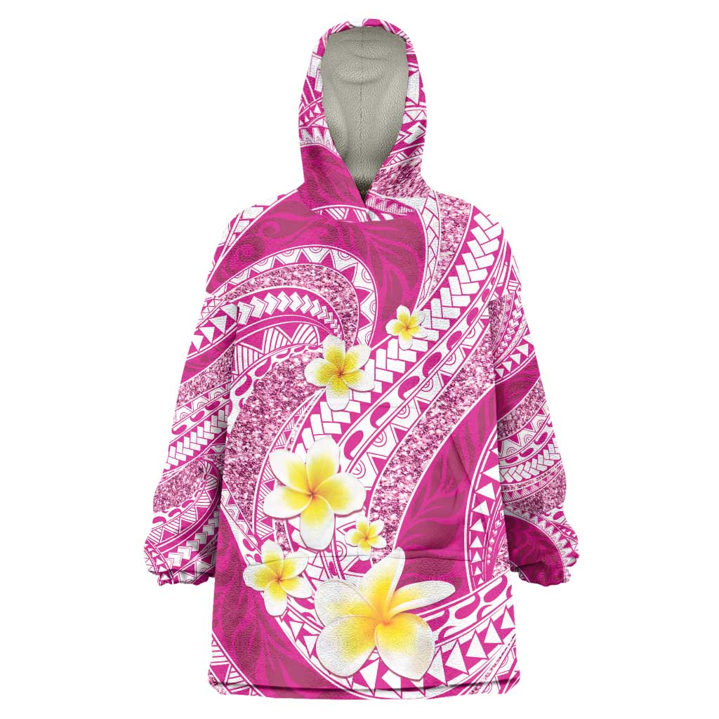 Plumeria Polynesian Pink Glitter Pattern Wearable Blanket Hoodie