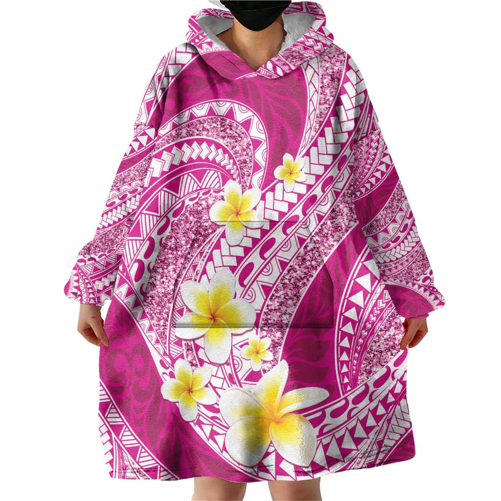 Plumeria Polynesian Pink Glitter Pattern Wearable Blanket Hoodie