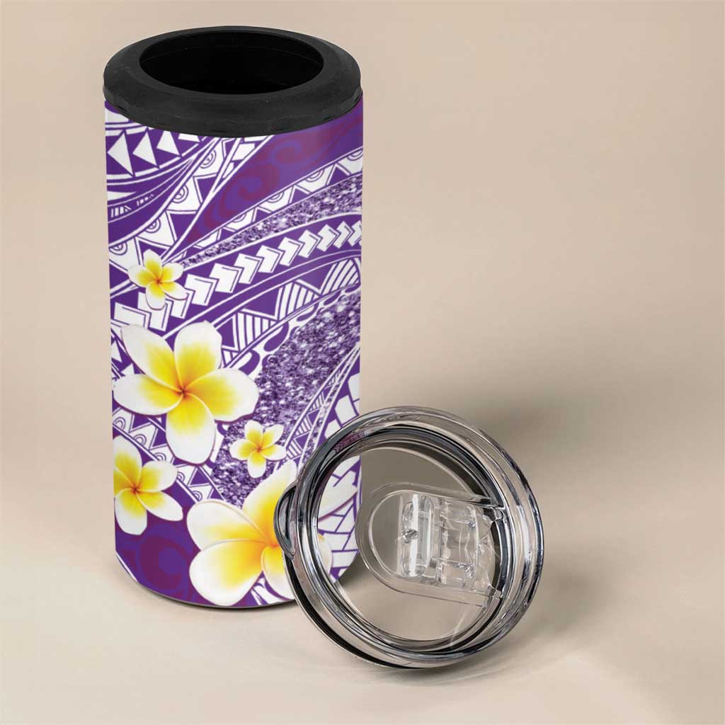 Plumeria Polynesian Purple Glitter Pattern 4 in 1 Can Cooler Tumbler
