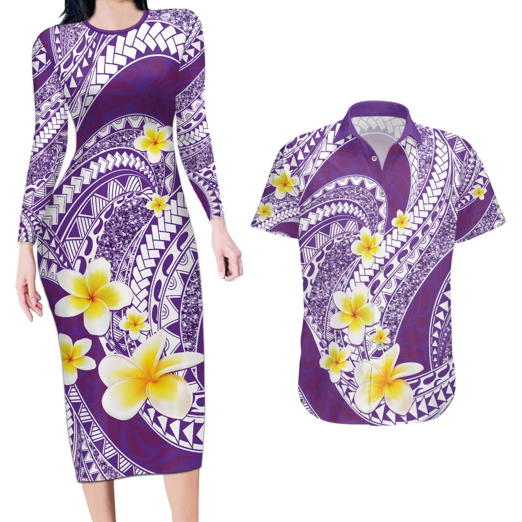 Plumeria Polynesian Purple Glitter Pattern Couples Matching Long Sleeve Bodycon Dress and Hawaiian Shirt