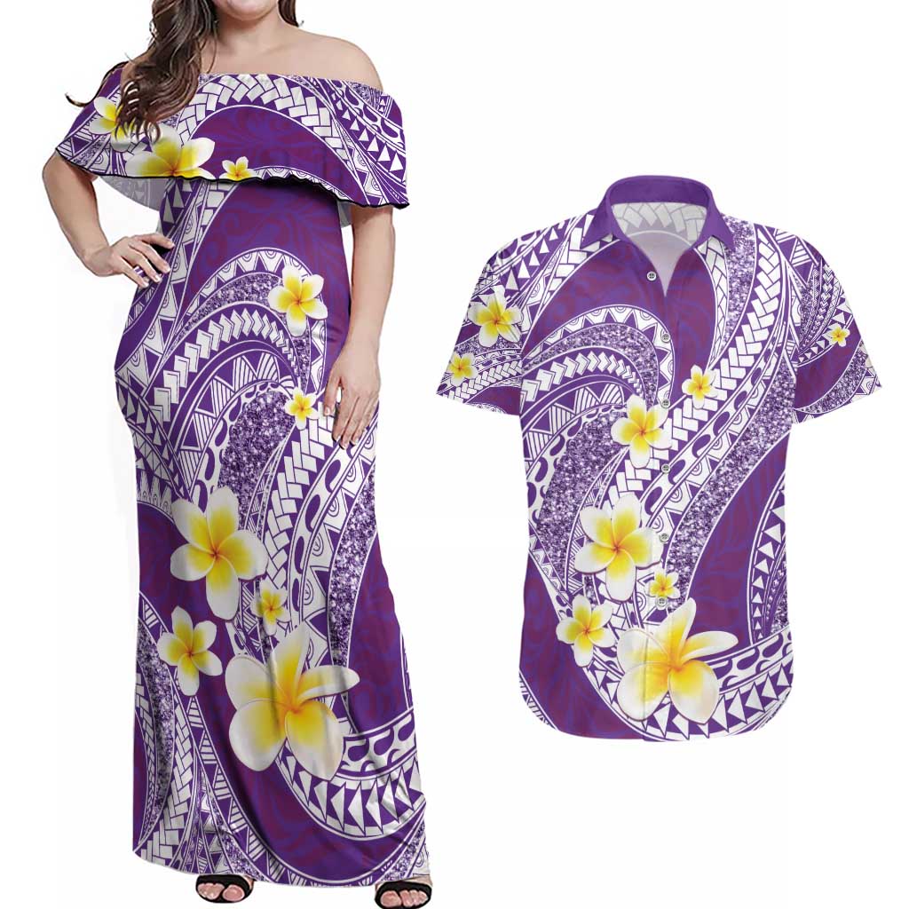 Plumeria Polynesian Purple Glitter Pattern Couples Matching Off Shoulder Maxi Dress and Hawaiian Shirt