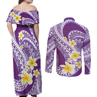 Plumeria Polynesian Purple Glitter Pattern Couples Matching Off Shoulder Maxi Dress and Long Sleeve Button Shirt
