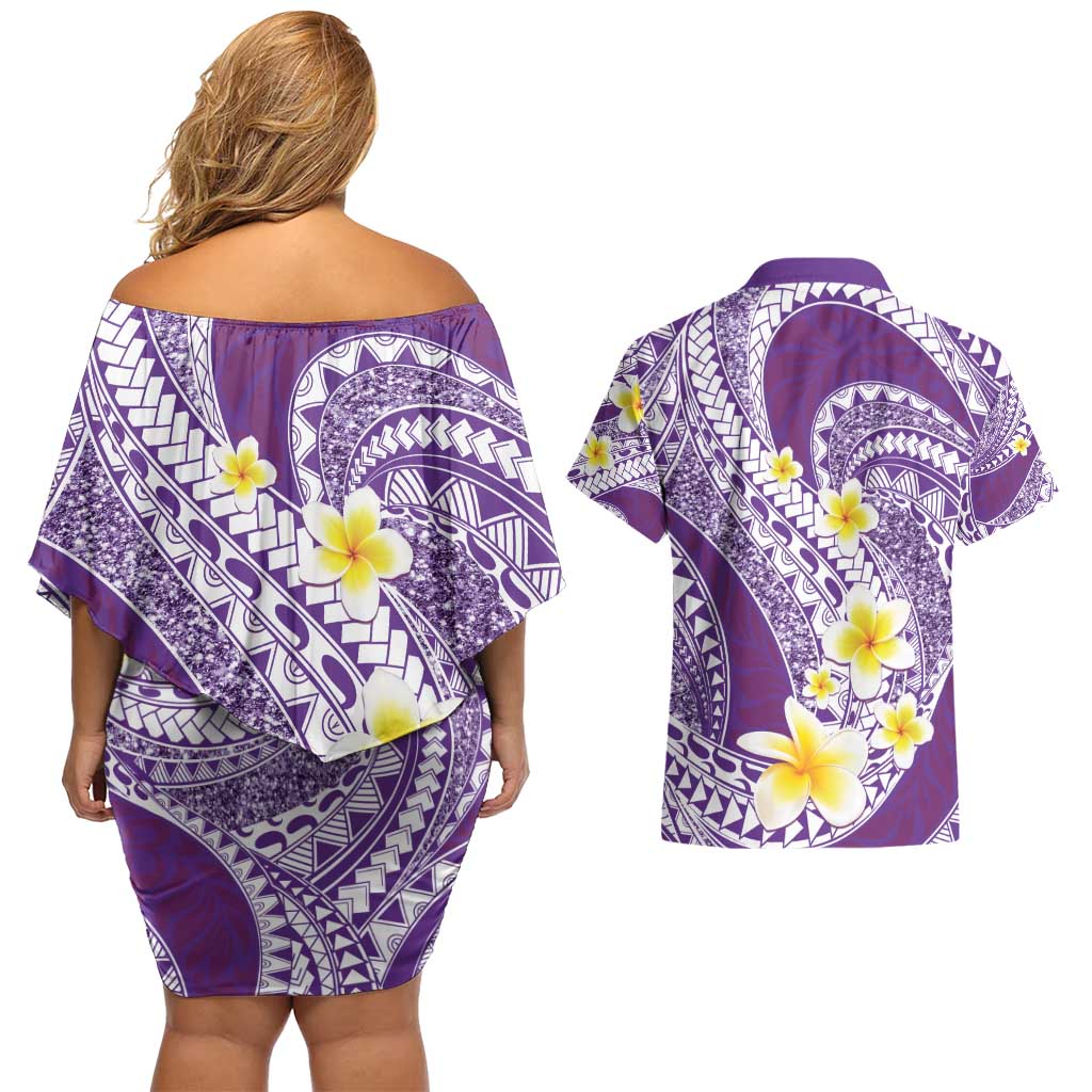 Plumeria Polynesian Purple Glitter Pattern Couples Matching Off Shoulder Short Dress and Hawaiian Shirt