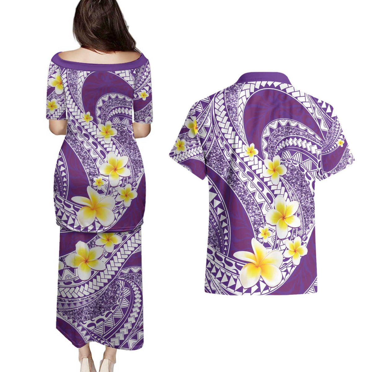 Plumeria Polynesian Purple Glitter Pattern Couples Matching Puletasi and Hawaiian Shirt