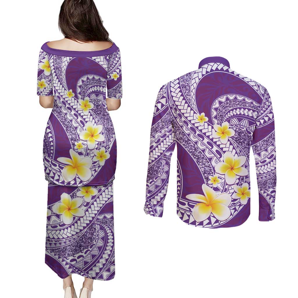Plumeria Polynesian Purple Glitter Pattern Couples Matching Puletasi and Long Sleeve Button Shirt