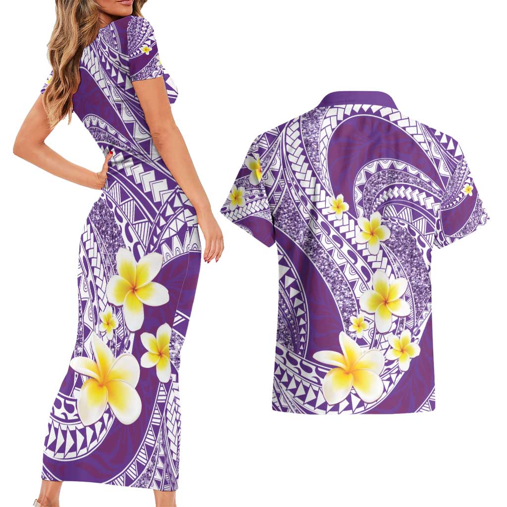 Plumeria Polynesian Purple Glitter Pattern Couples Matching Short Sleeve Bodycon Dress and Hawaiian Shirt