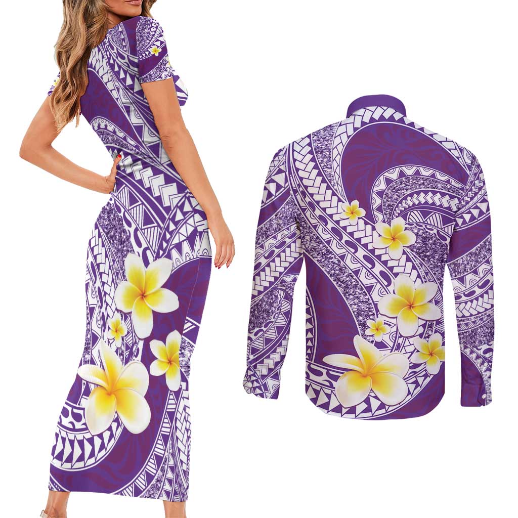 Plumeria Polynesian Purple Glitter Pattern Couples Matching Short Sleeve Bodycon Dress and Long Sleeve Button Shirt