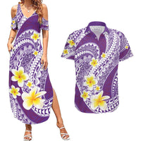 Plumeria Polynesian Purple Glitter Pattern Couples Matching Summer Maxi Dress and Hawaiian Shirt