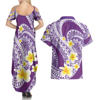 Plumeria Polynesian Purple Glitter Pattern Couples Matching Summer Maxi Dress and Hawaiian Shirt