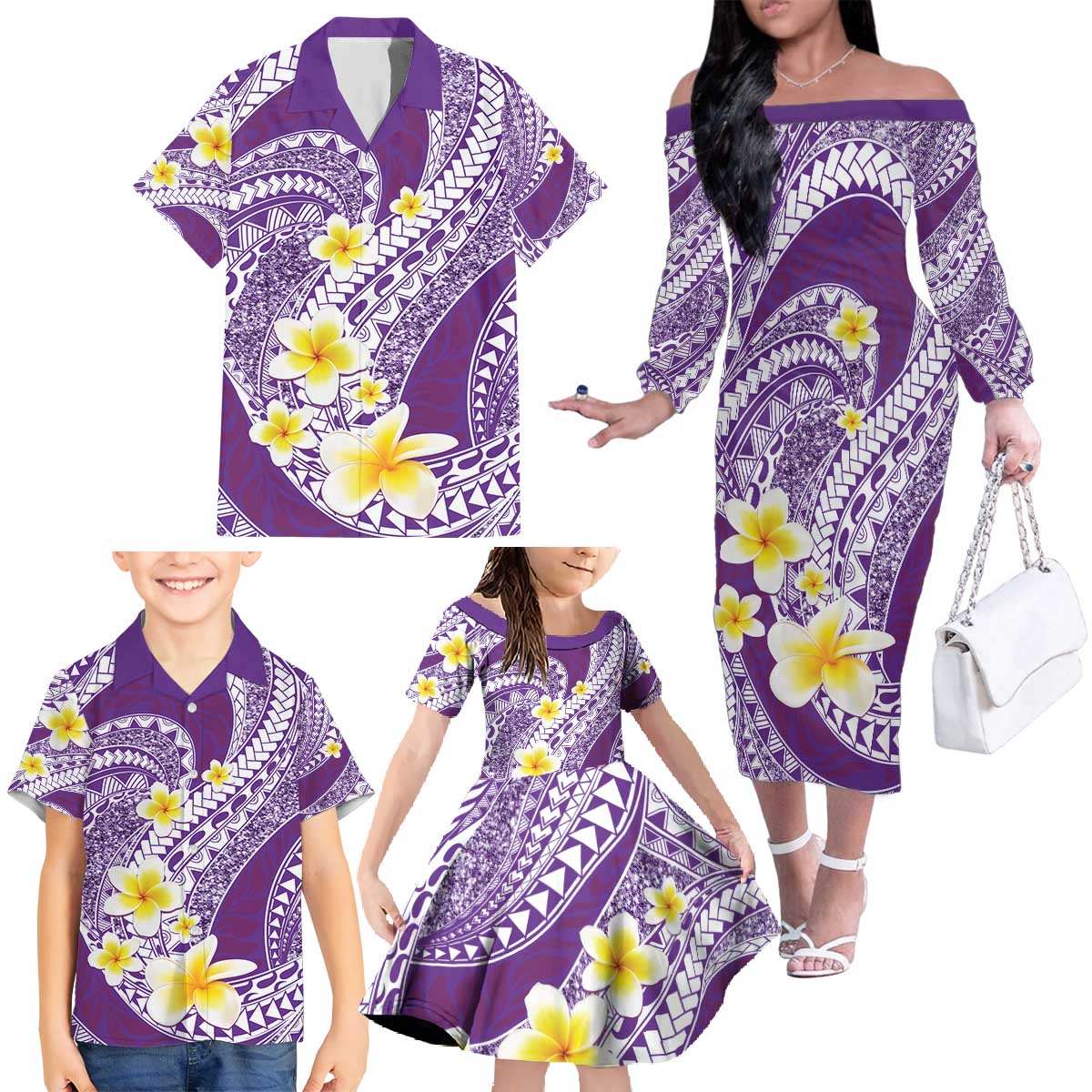 Plumeria Polynesian Purple Glitter Pattern Family Matching Off The Shoulder Long Sleeve Dress and Hawaiian Shirt