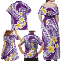 Plumeria Polynesian Purple Glitter Pattern Family Matching Off Shoulder Maxi Dress and Hawaiian Shirt