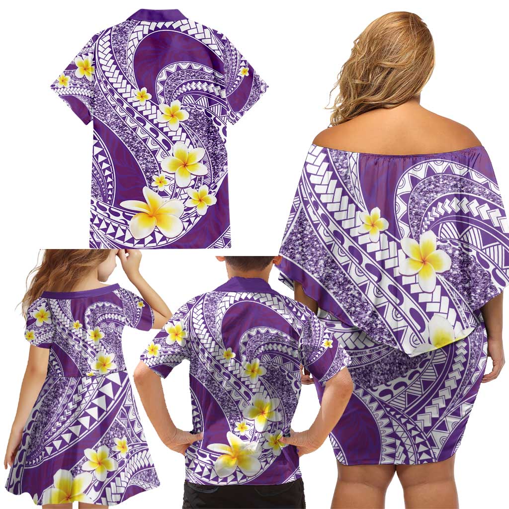 Plumeria Polynesian Purple Glitter Pattern Family Matching Off Shoulder Short Dress and Hawaiian Shirt