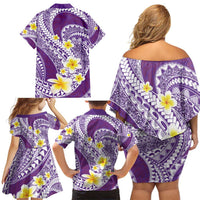 Plumeria Polynesian Purple Glitter Pattern Family Matching Off Shoulder Short Dress and Hawaiian Shirt